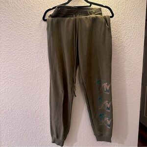 MTV Olive Green Joggers XS Retro Logo Comfy Drawstring Waist Lounge Vintage